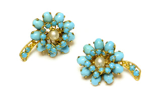 Vintage 1950's Christian Dior Paris Blue Glass Pearl Flower Earrings