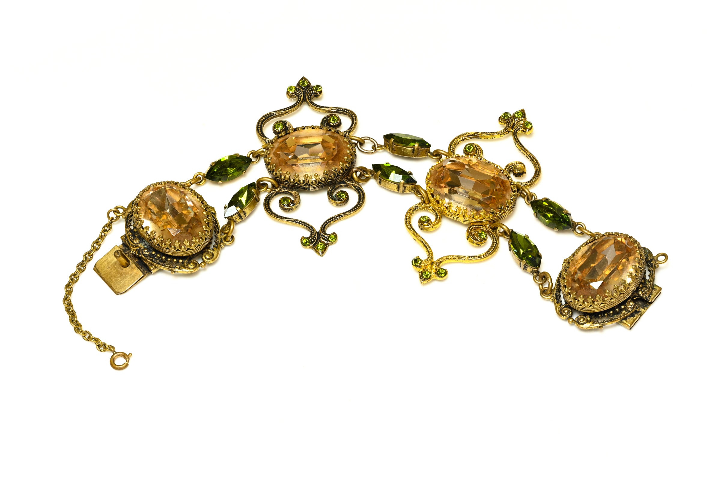 Vintage 1950's French Green Brown Crystal Chain Bracelet