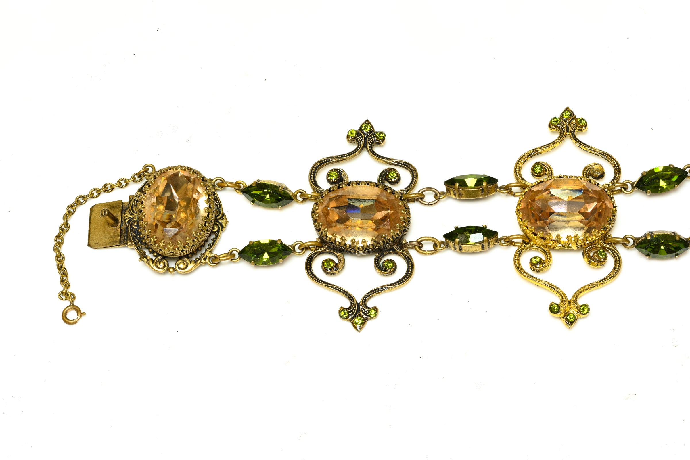 Vintage 1950's French Green Brown Crystal Chain Bracelet 3