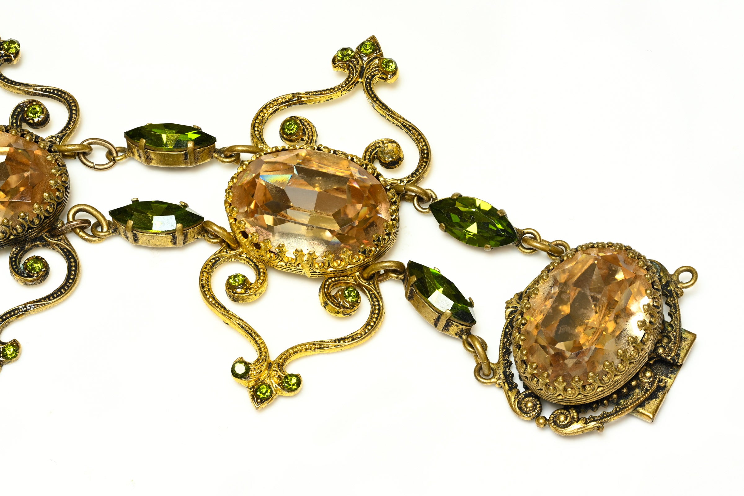 Vintage 1950's French Green Brown Crystal Chain Bracelet 5