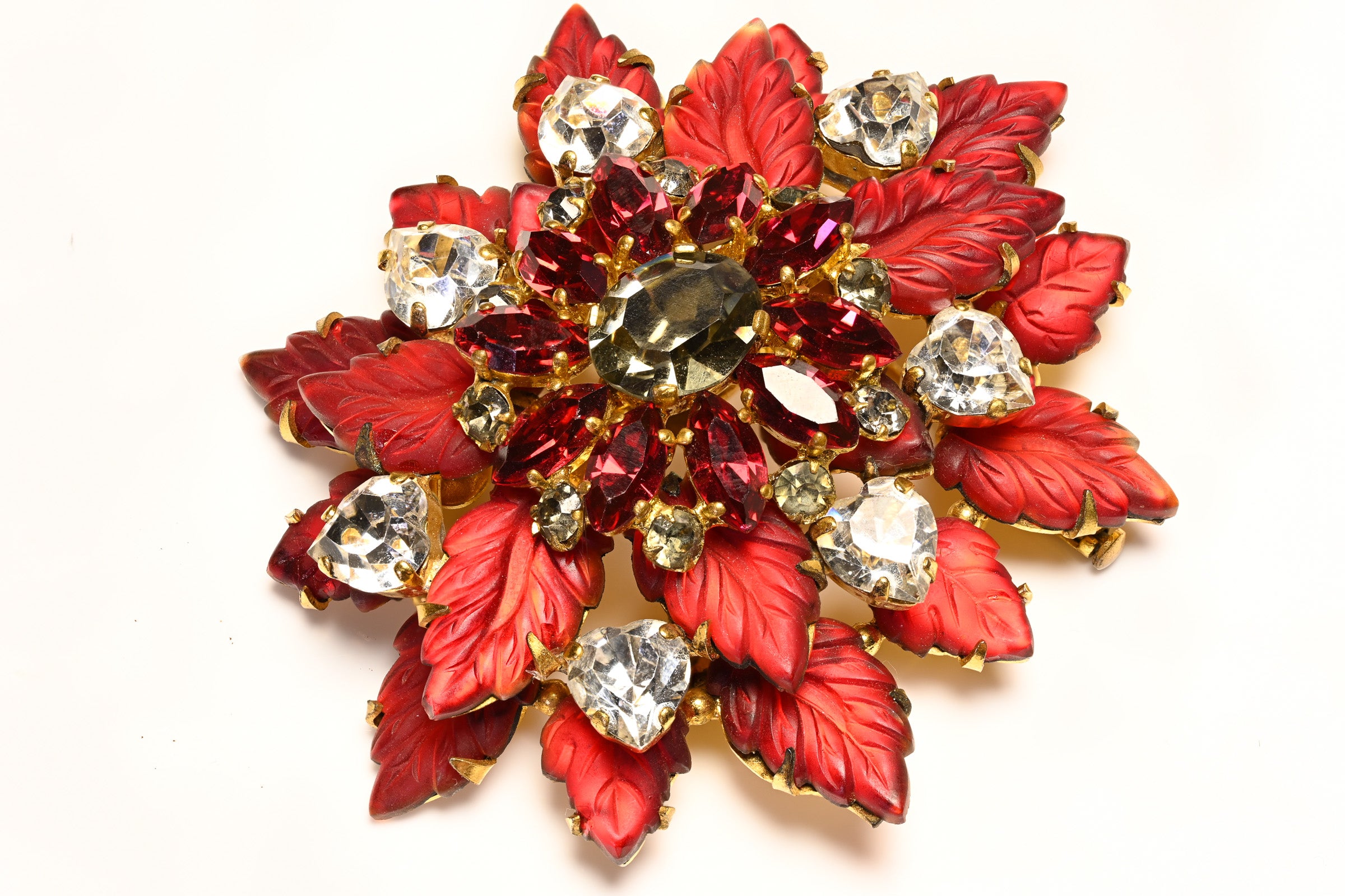 Vintage 1950's French Red Matte Leaf Crystal Heart Brooch