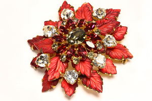 Vintage 1950's French Red Matte Leaf Crystal Heart Brooch