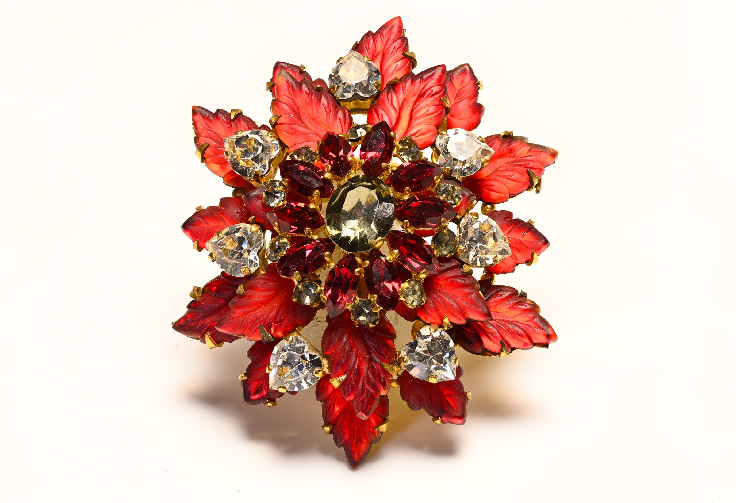 Vintage 1950's French Red Leaf Crystal Heart Brooch