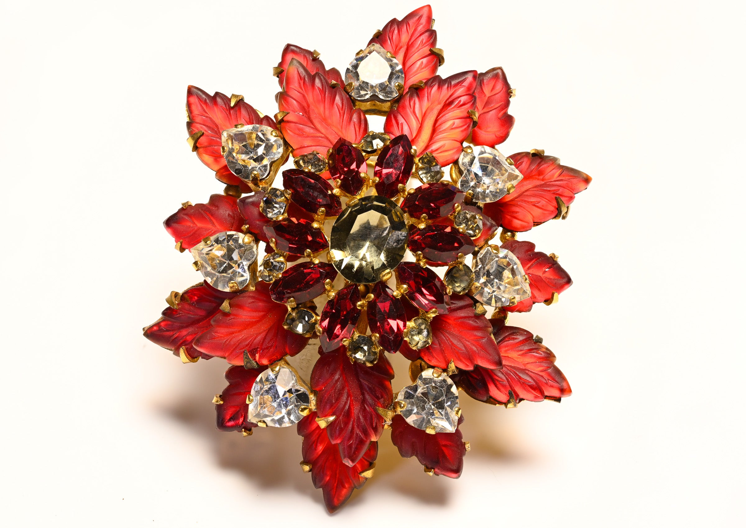 Vintage 1950's French Red Matte Leaf Crystal Heart Brooch