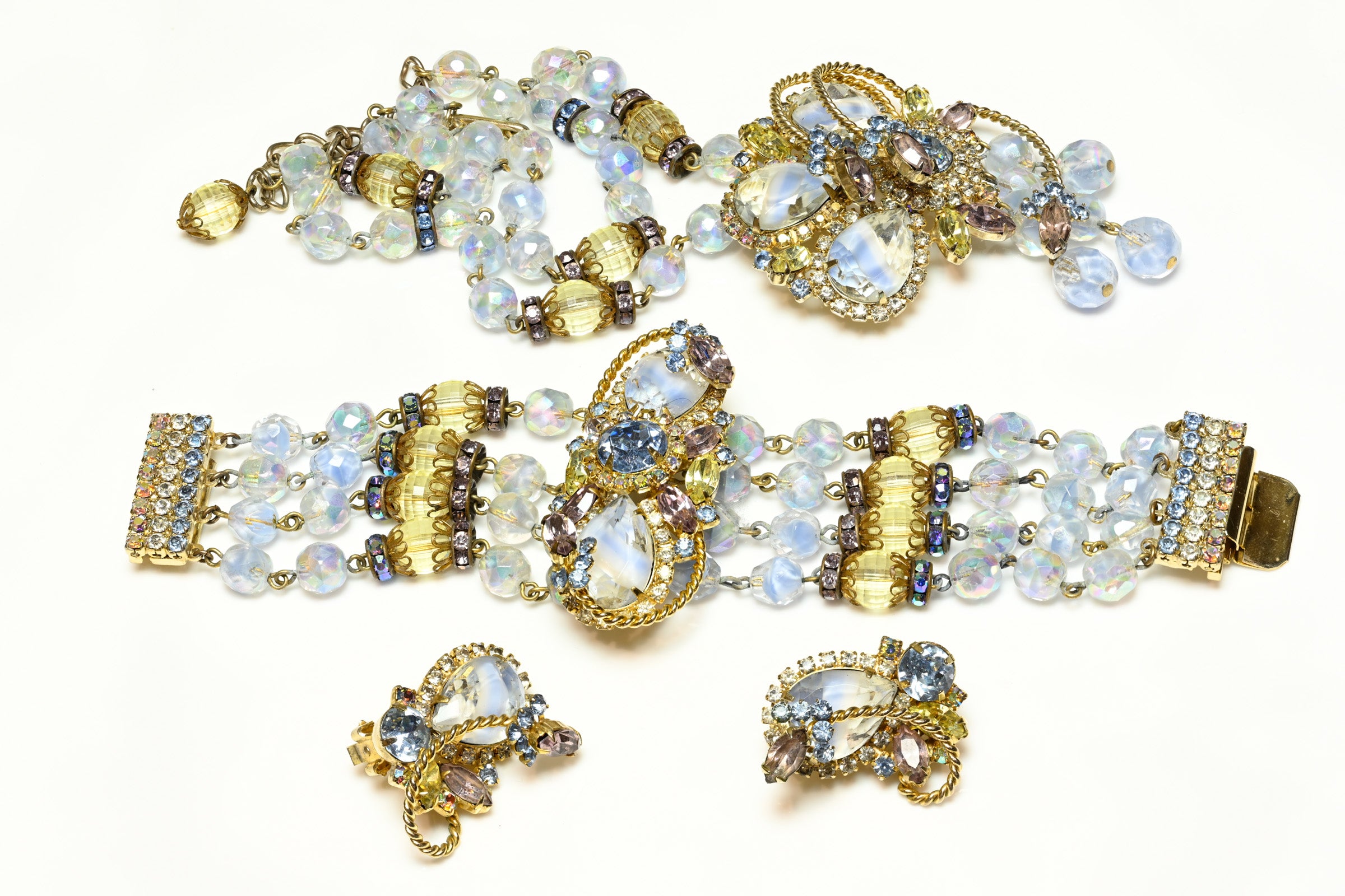 Vintage 1950's Hobe Blue Crystal Necklace Bracelet Earrings Parure Set