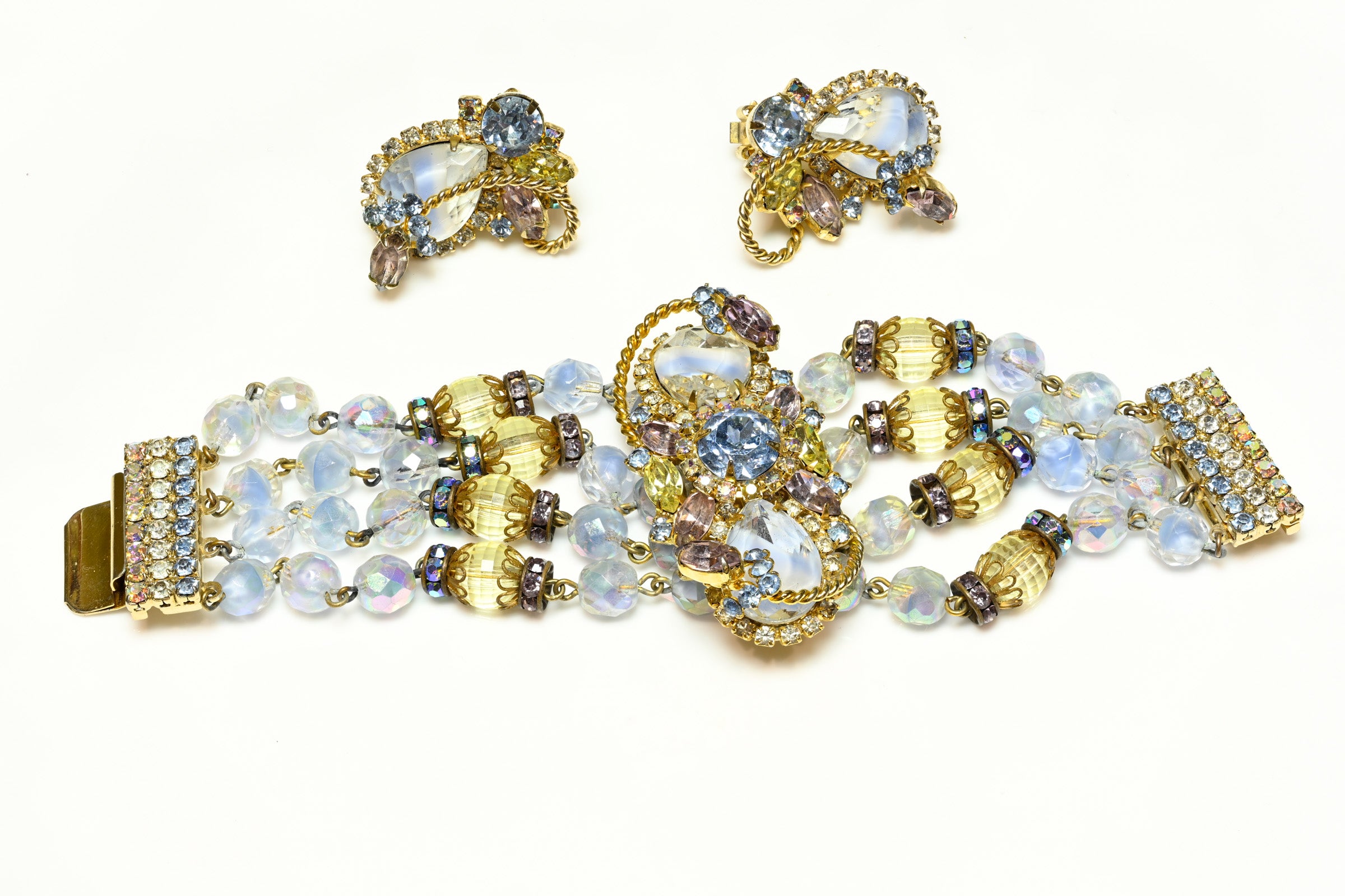Vintage 1950's Hobe Blue Crystal Necklace Bracelet Earrings Parure Set 3
