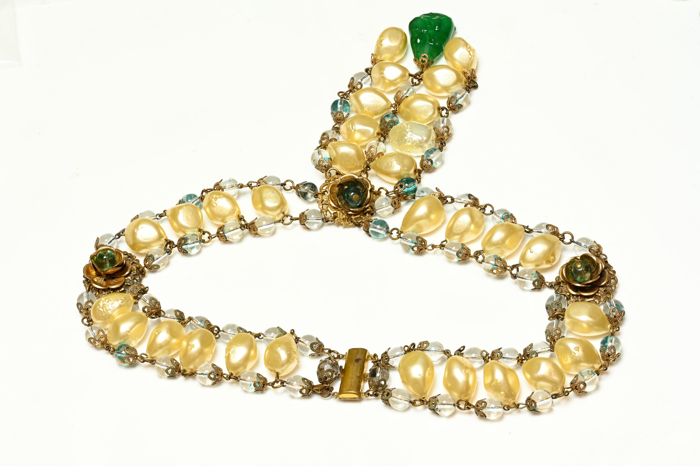 Vintage 1950's Leo Glass Flower Pearls Green Glass Tassel Necklace 1