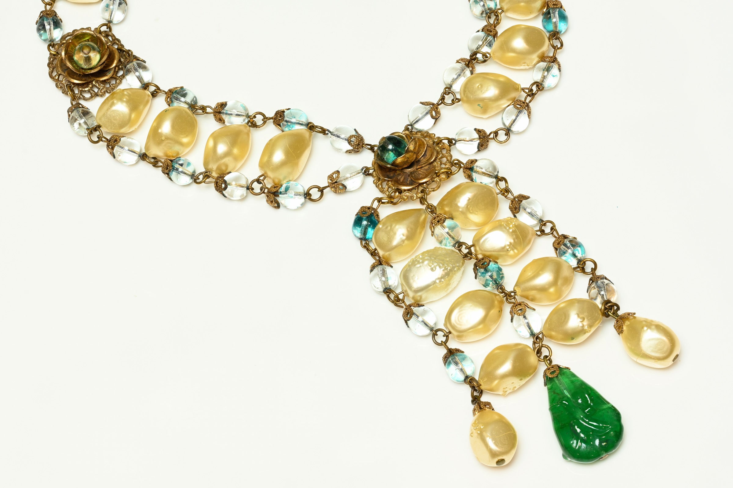 Vintage 1950's Leo Glass Flower Pearls Green Glass Tassel Necklace 2