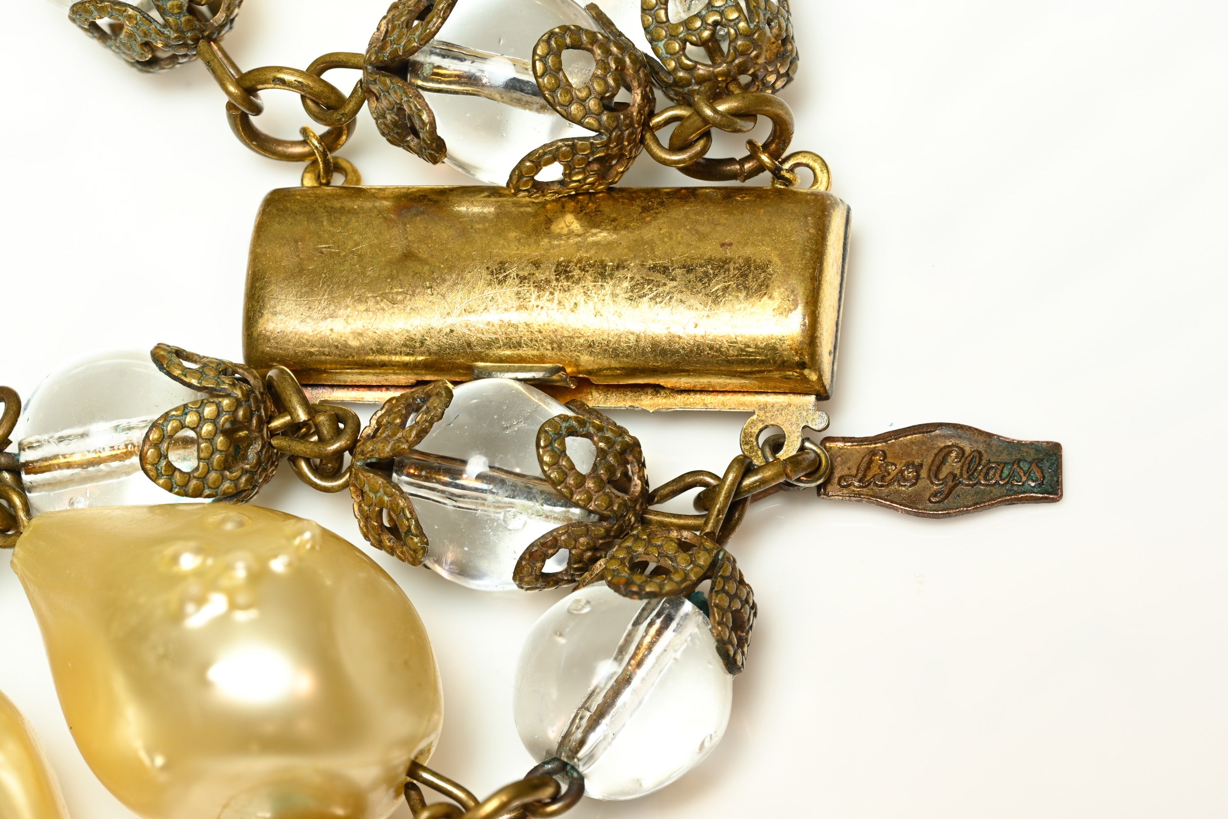 Vintage 1950's Leo Glass Flower Pearls Green Glass Tassel Necklace 3