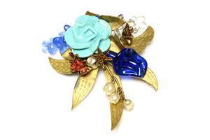 Vintage 1950's Louis Rousselet Paris Blue Red Glass Pearl Flower Brooch