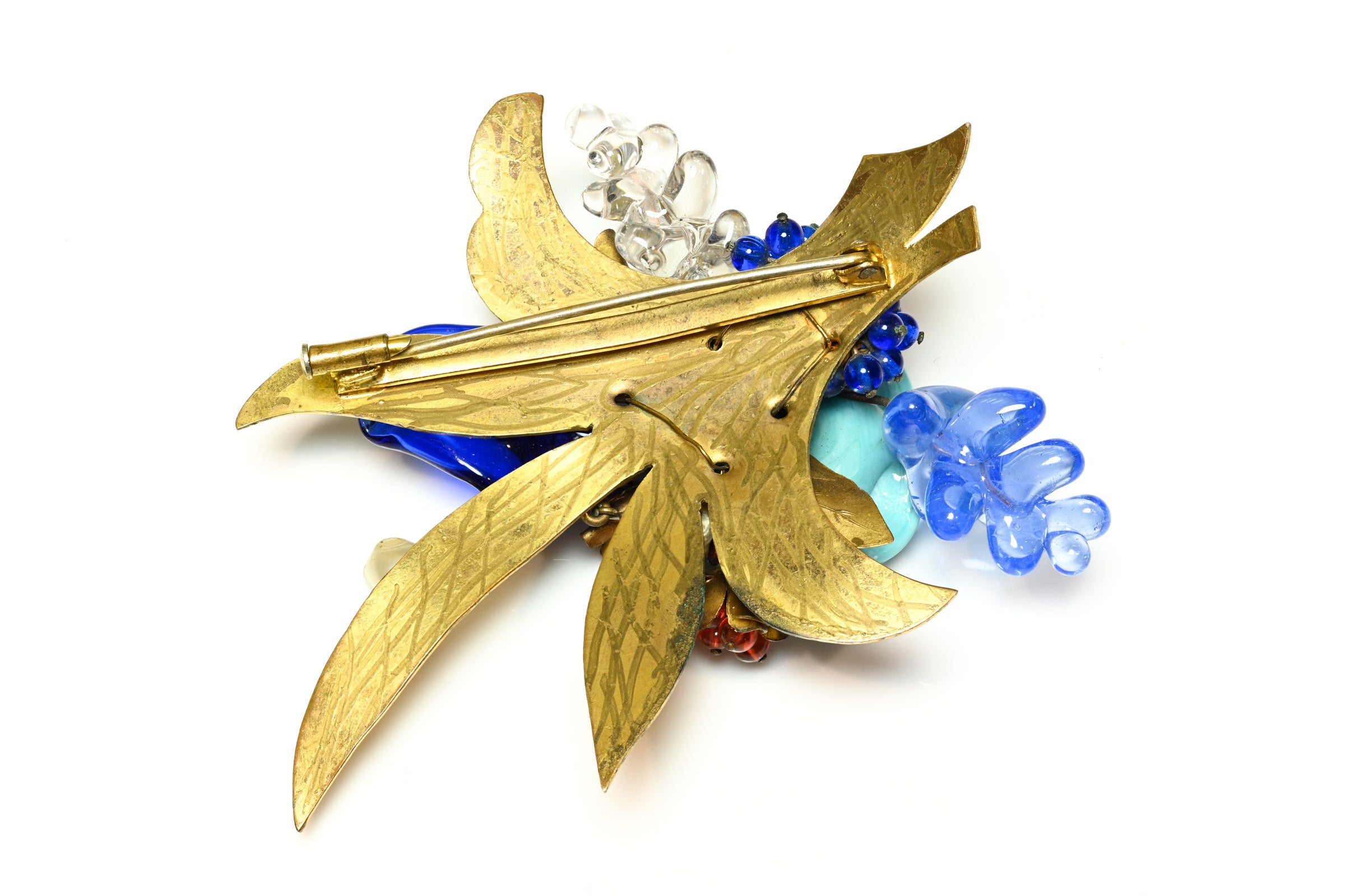 Vintage 1950's Louis Rousselet Paris Blue Red Glass Pearl Flower Brooch 2