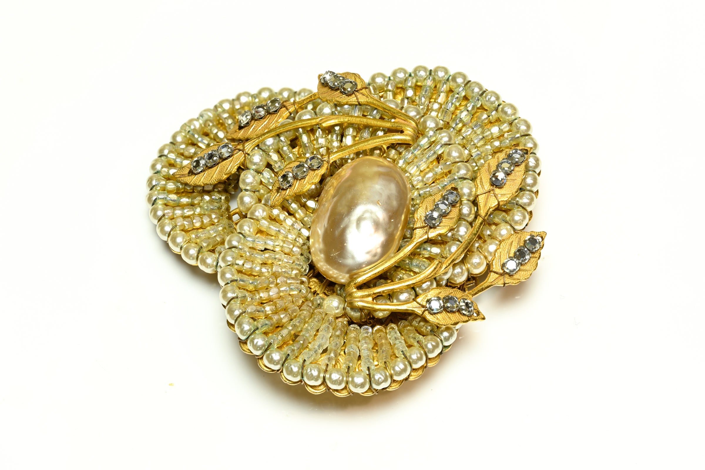 Vintage 1950's Miriam Haskell Pearl Beaded Crystal Flower Brooch 1