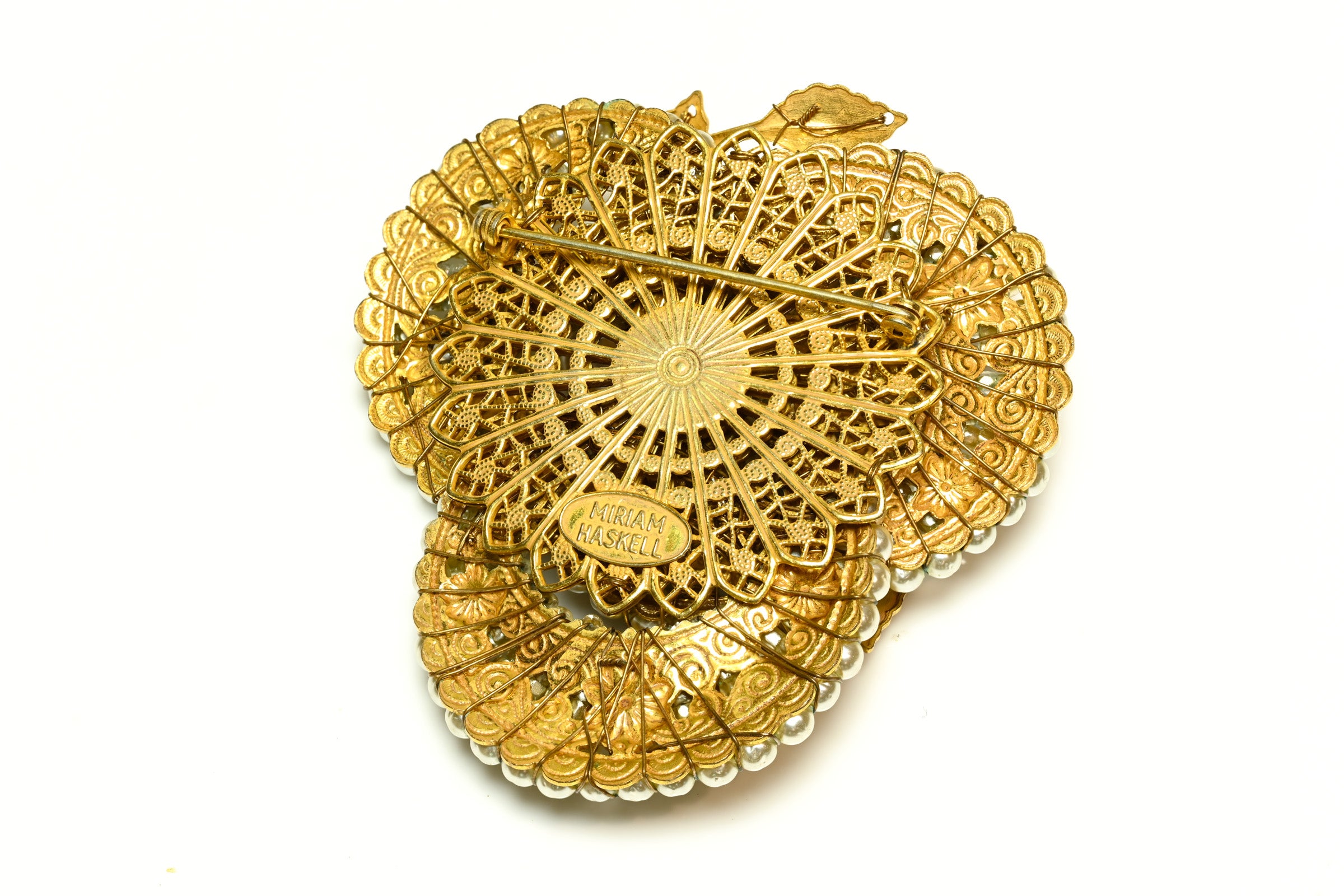 Vintage 1950's Miriam Haskell Pearl Beaded Crystal Flower Brooch 2