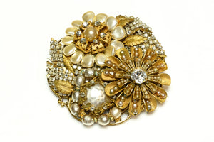 Vintage 1950's Miriam Haskell Pearl Crystal Flower Large Brooch