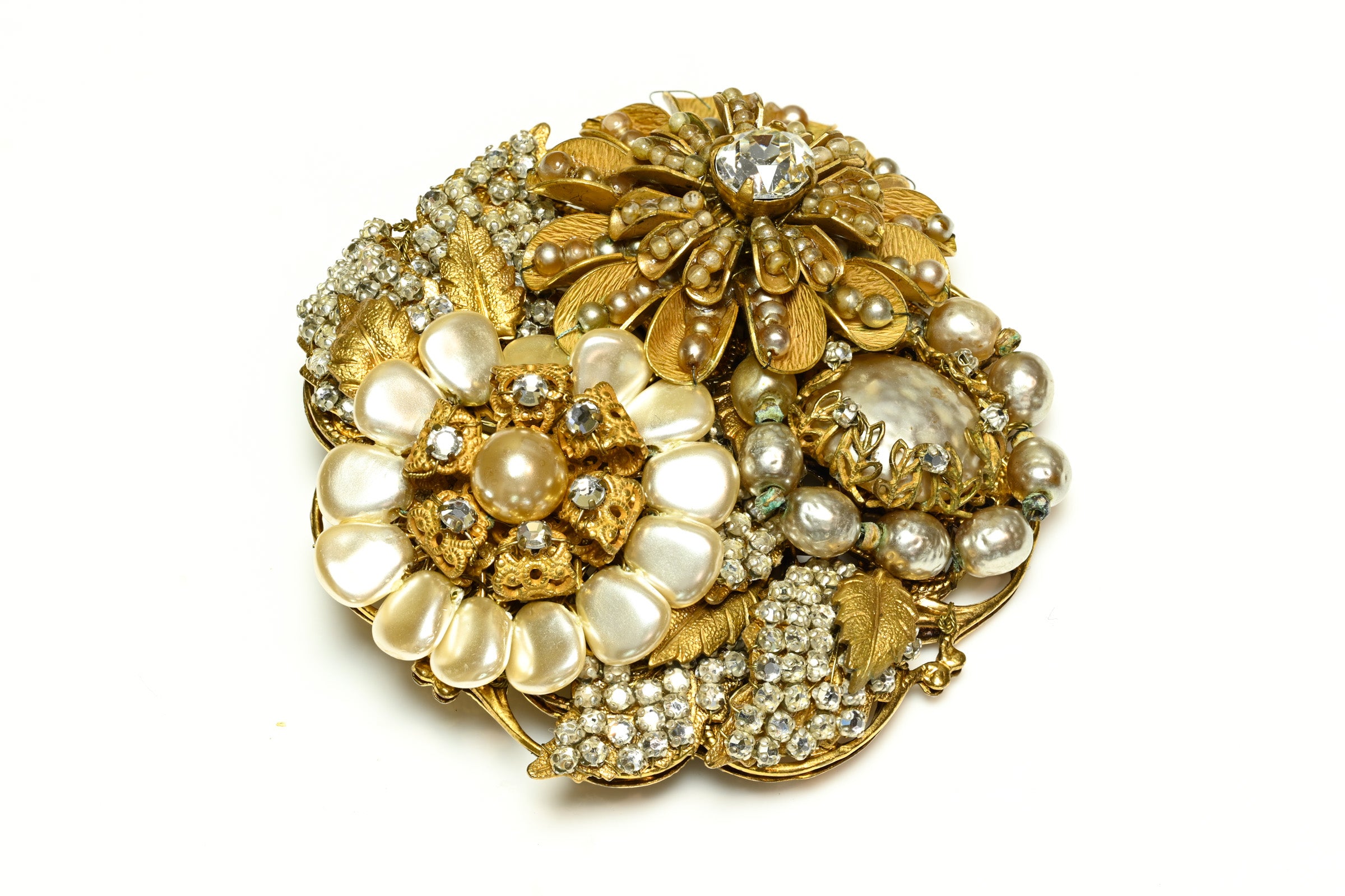 Vintage 1950's Miriam Haskell Pearl Crystal Flower Large Brooch 1
