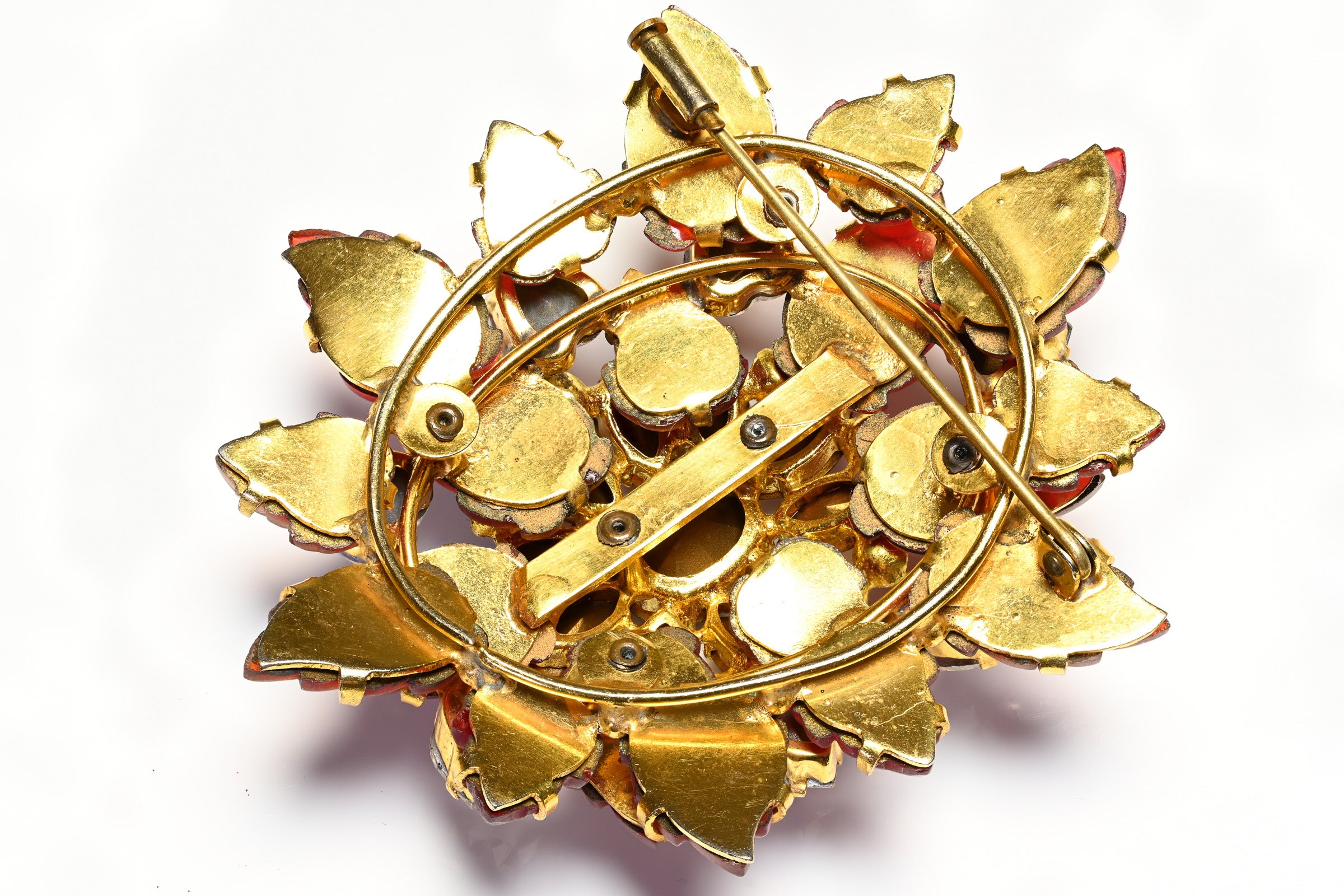 Vintage 1950 Red Matte Leaf Crystal Heart Brooch