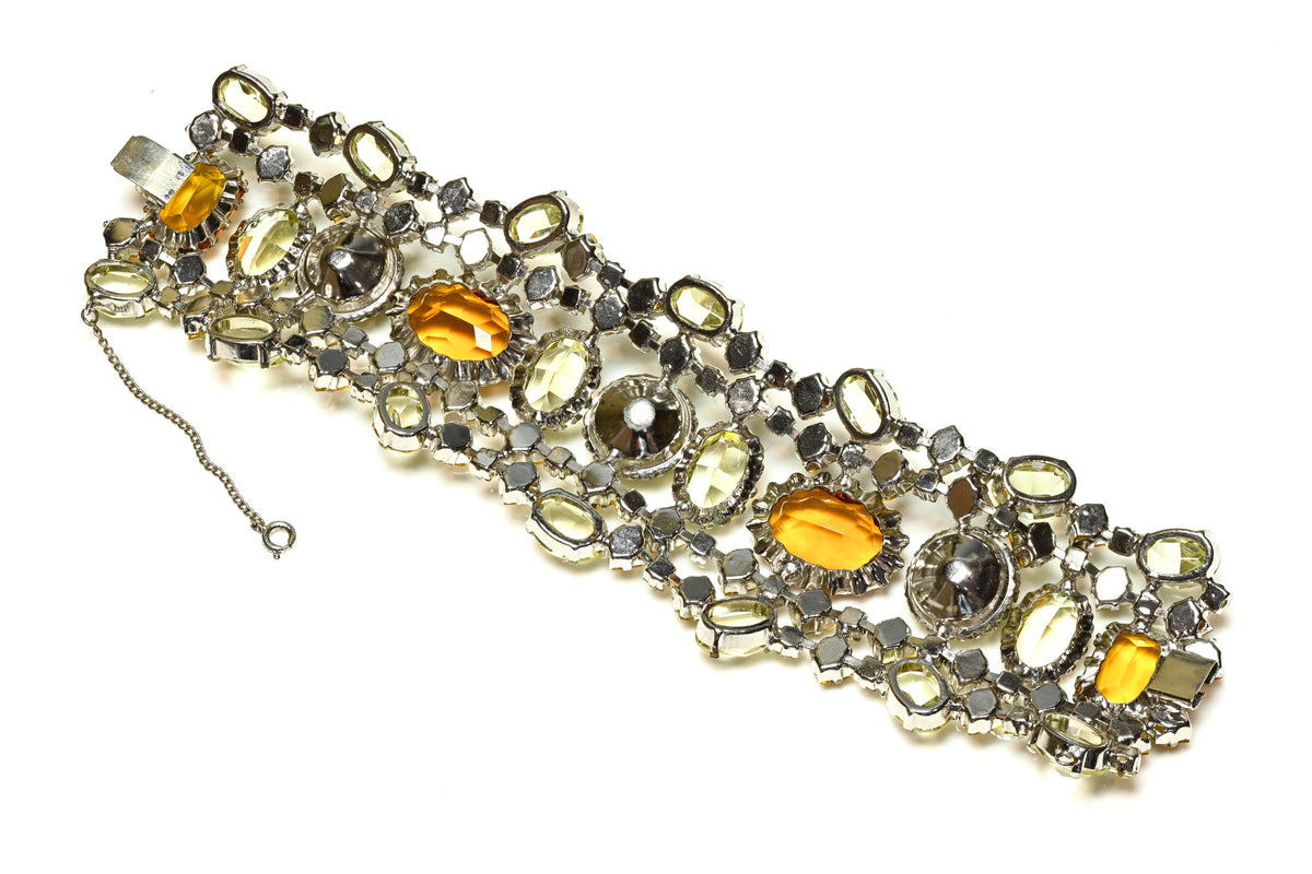 Vintage 1950's Schreiner NY Brown Green Crystal Wide Bracelet 2
