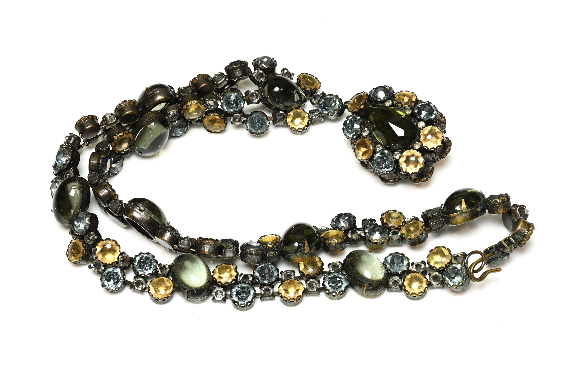 Vintage 1950's Schreiner NY Green Blue Crystal Pendant Necklace