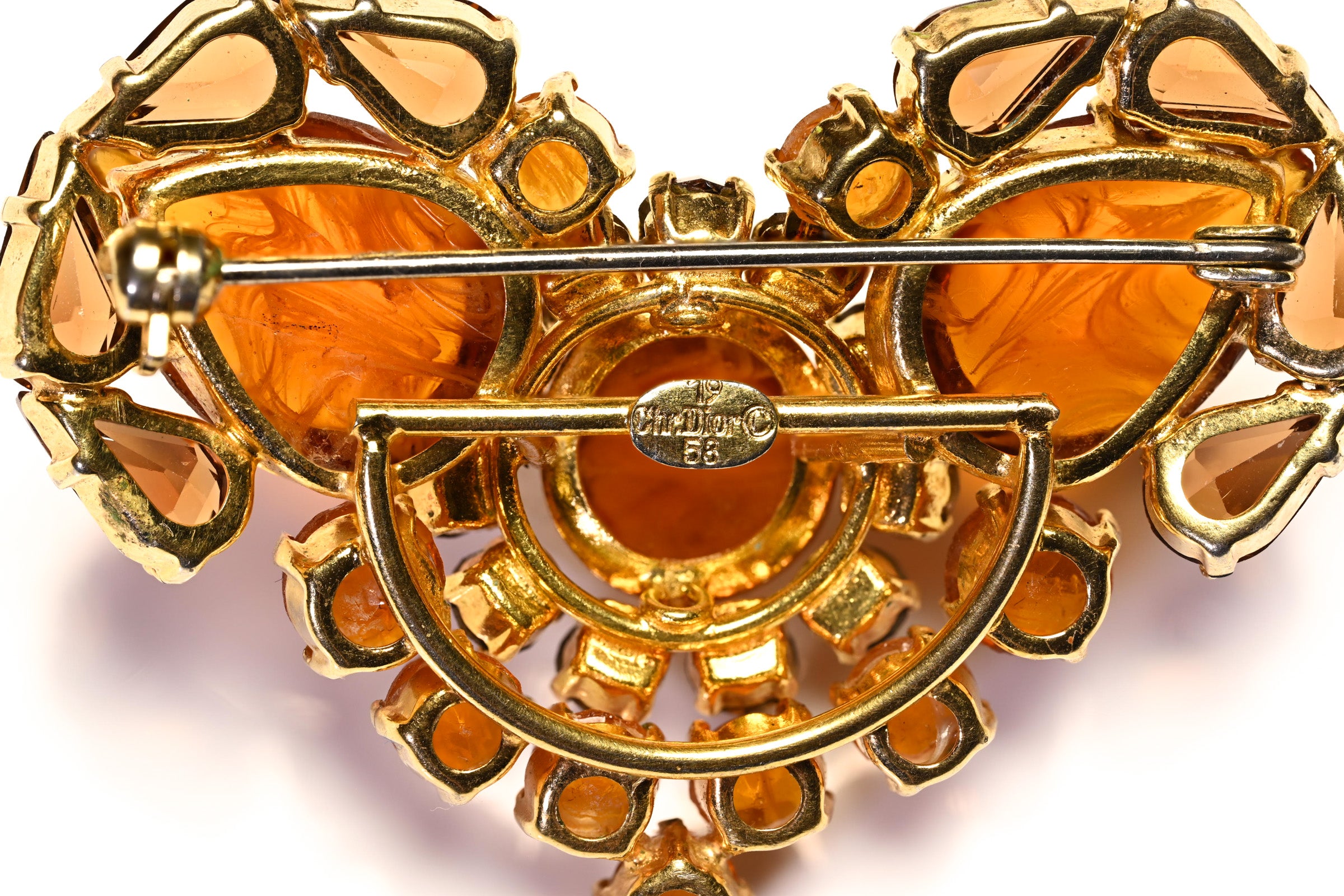 Vintage 1958 Christian Dior Paris Brown Crystal Heart Brooch 4