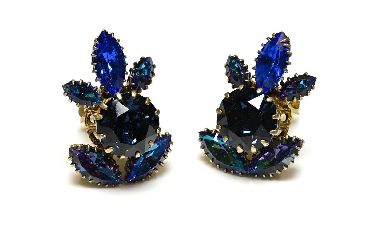 Vintage 1960's Countess Cissy Zoltowska Blue Crystal Pearl Heart Earrings Set