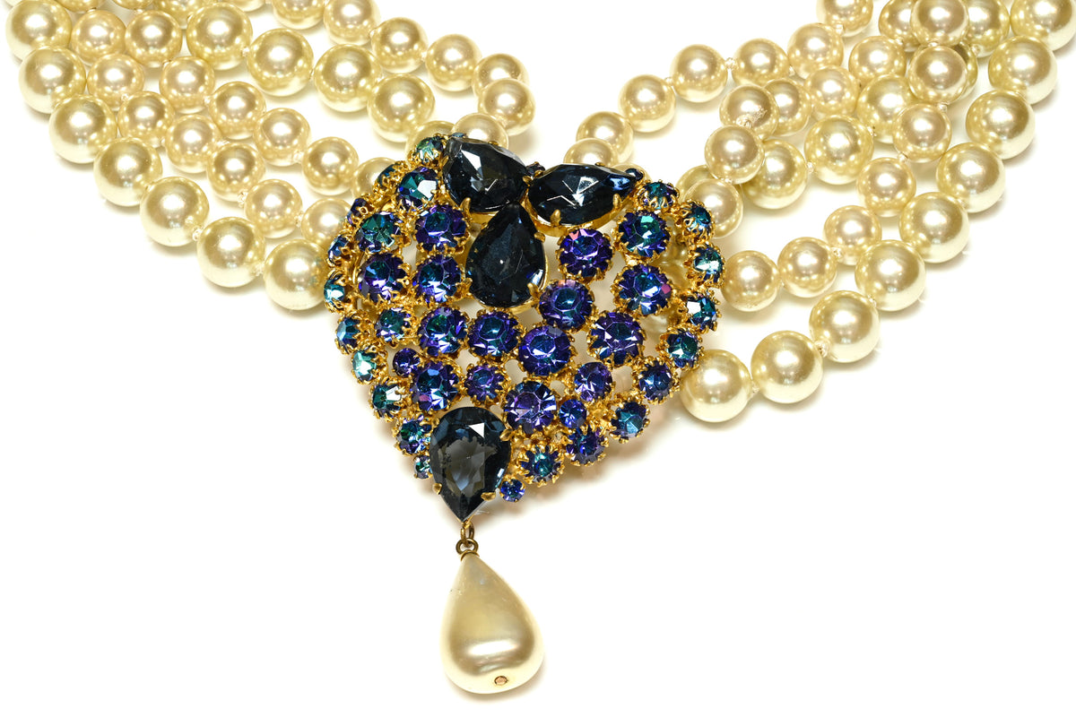 Vintage 1960's Countess Cissy Zoltowska Blue Crystal Pearl Heart Necklace Set
