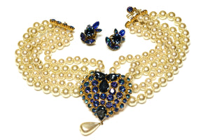 Vintage 1960's Countess Cissy Zoltowska Blue Crystal Pearl Heart Set