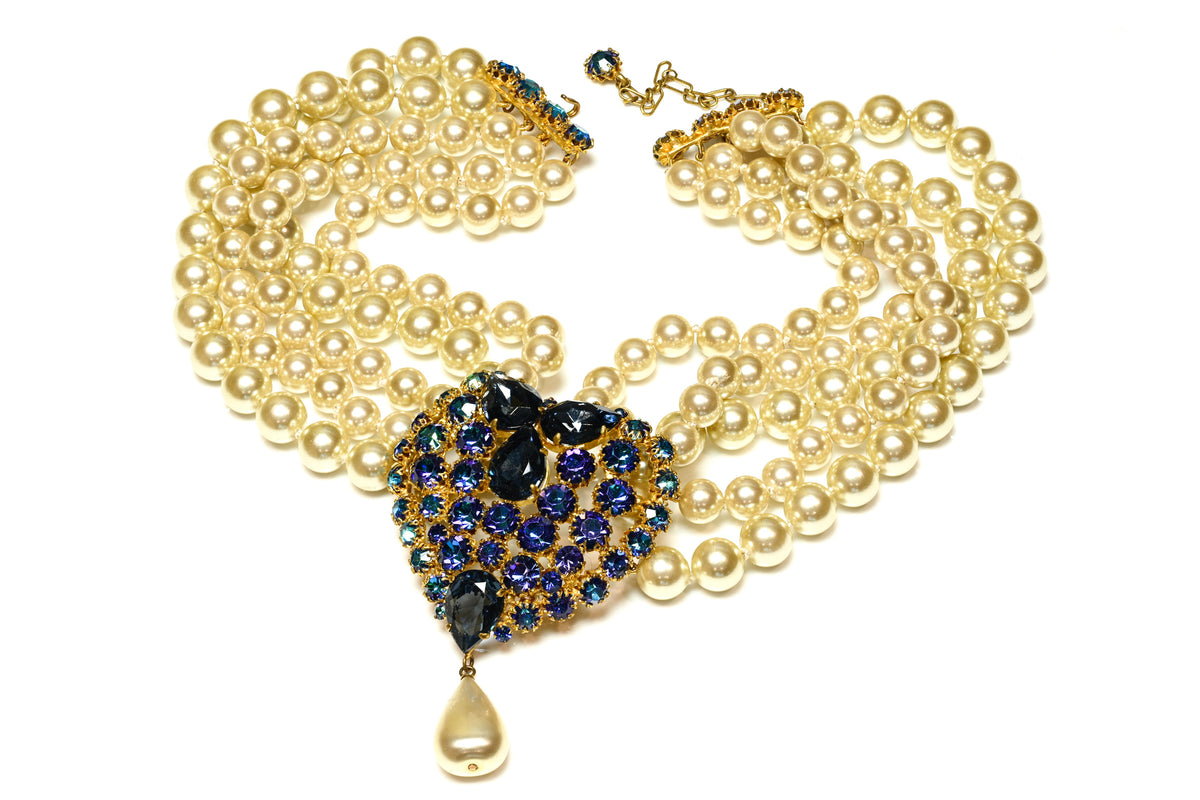Vintage 1960's Countess Cissy Zoltowska Blue Crystal Pearl Heart Set 1
