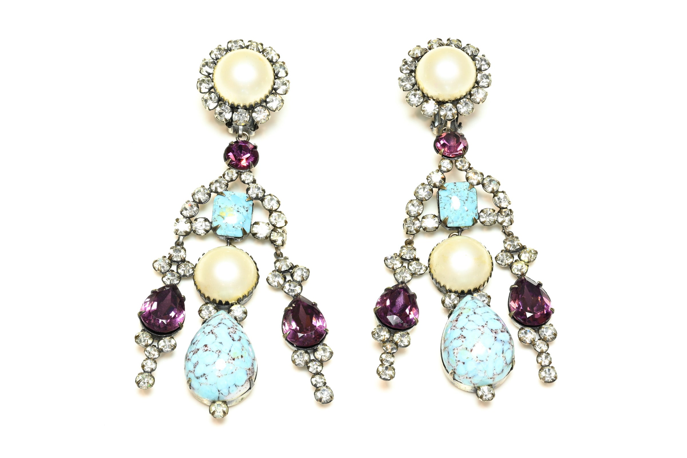 Vintage 1960's Kenneth Jay Lane Long Blue Purple Crystal Earrings