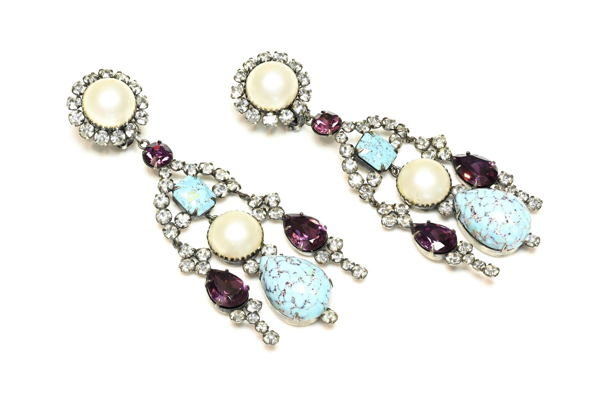 Vintage 1960's Kenneth Jay Lane Long Blue Purple Crystal Earrings 1
