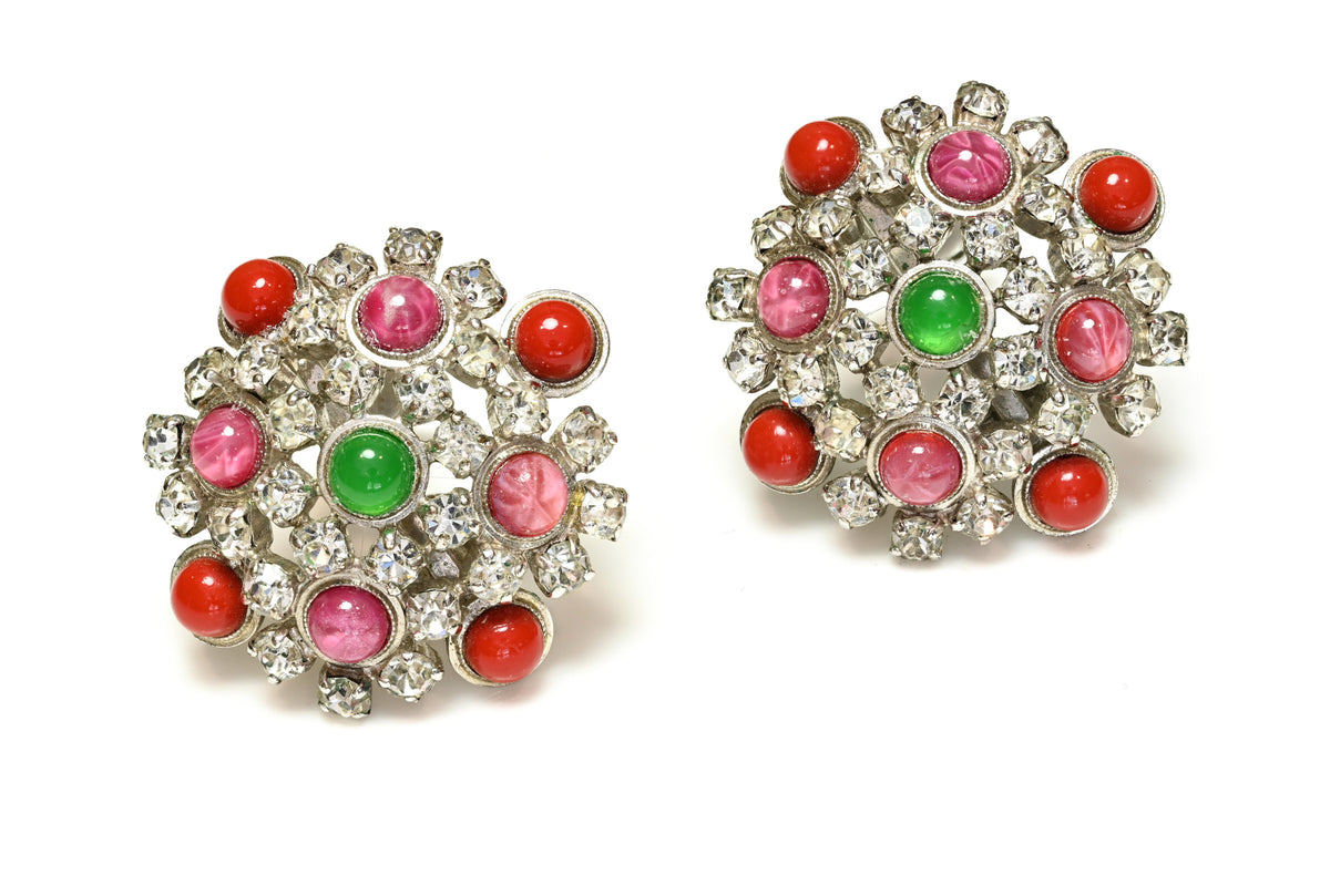 Vintage 1967 Christian Dior Germany Green Red Pink Crystal Earrings