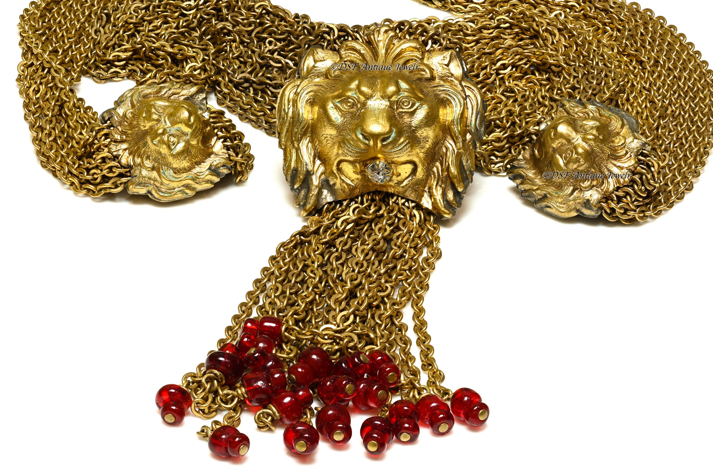 Vintage 1969 Coco Chanel Couture Gripoix Red Glass Lion Chain Necklace 1