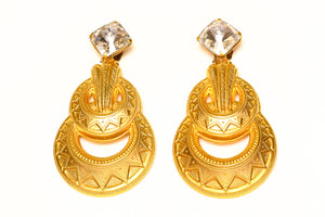 Vintage 1980's French Gold Plated Headlight Crystal Hoop Earrings
