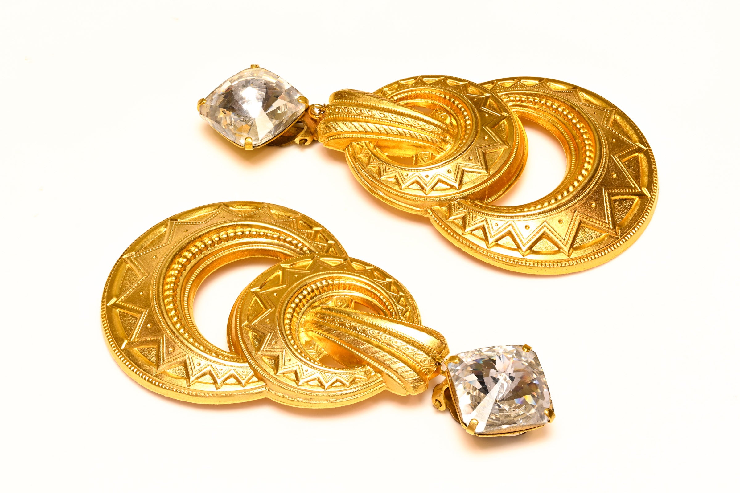 Vintage 1980's French Gold Plated Headlight Crystal Hoop Earrings 2