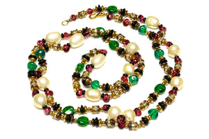 Vintage 1980's French Gripoix Green Red Glass Pearl Sautoir Necklace