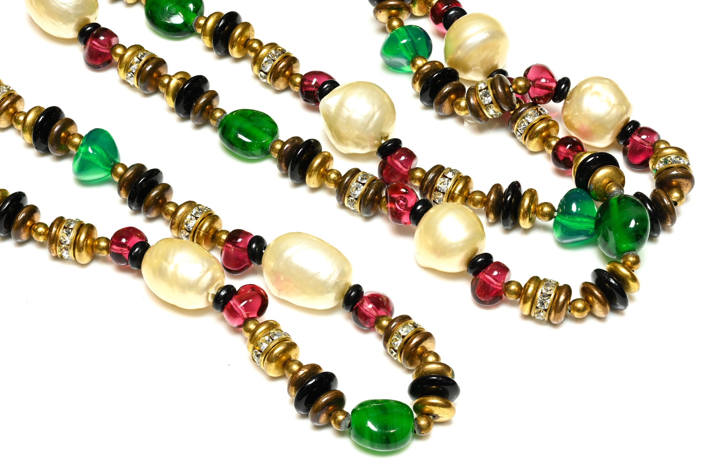 Vintage 1980's French Gripoix Green Red Glass Pearl Sautoir Necklace 1