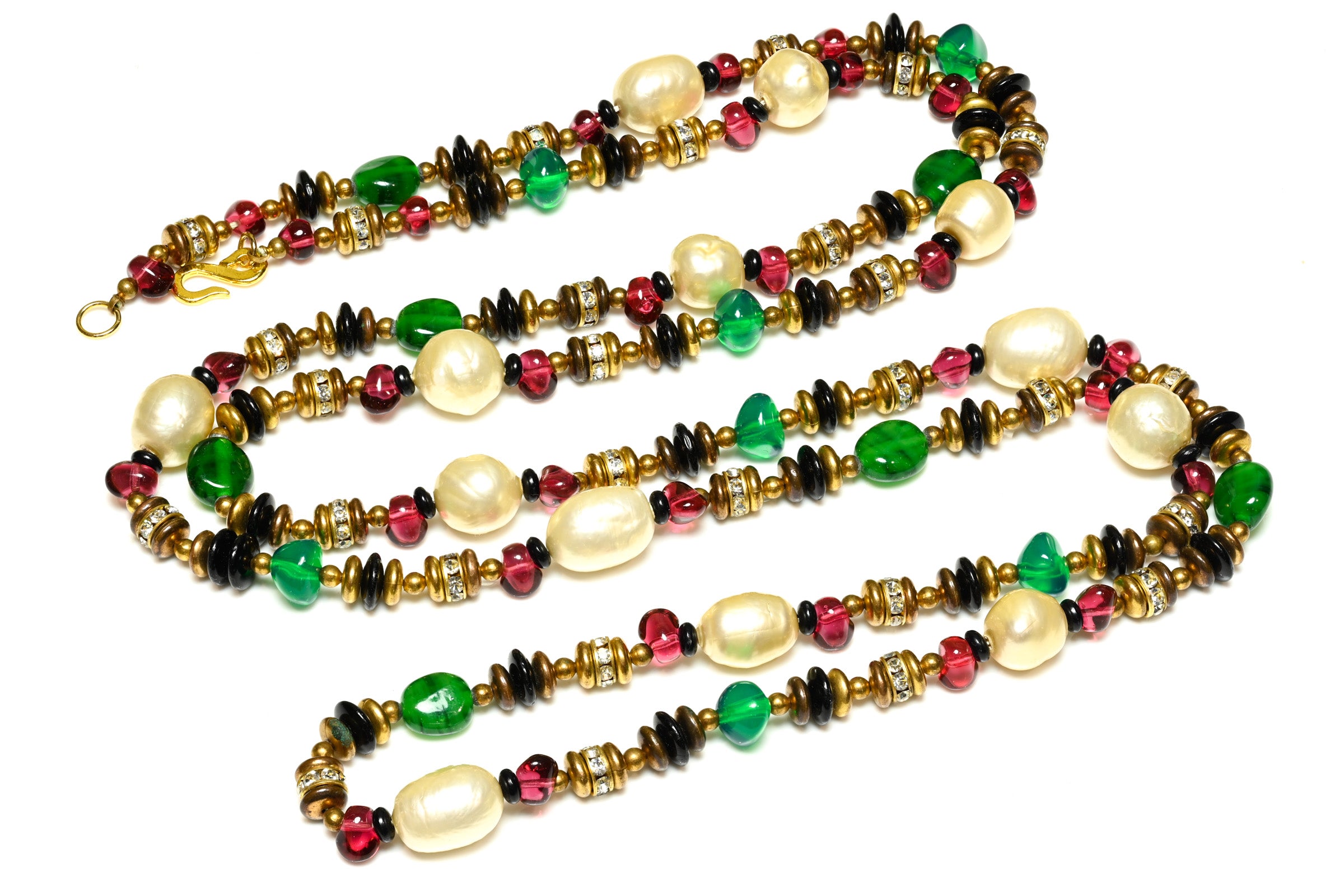 Vintage 1980's French Gripoix Green Red Glass Pearl Sautoir Necklace 3