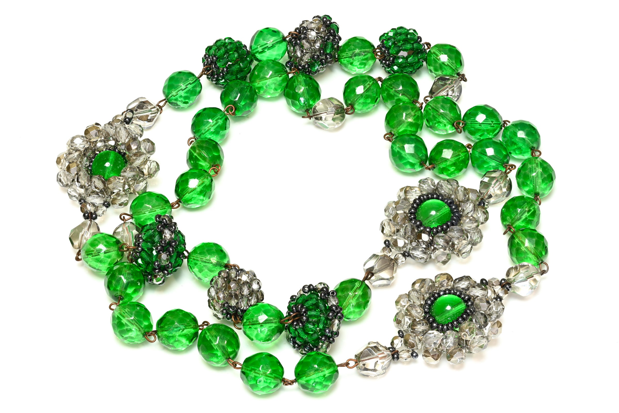 Vintage 1980's Green Crystal Glass Beads Sautoir Necklace