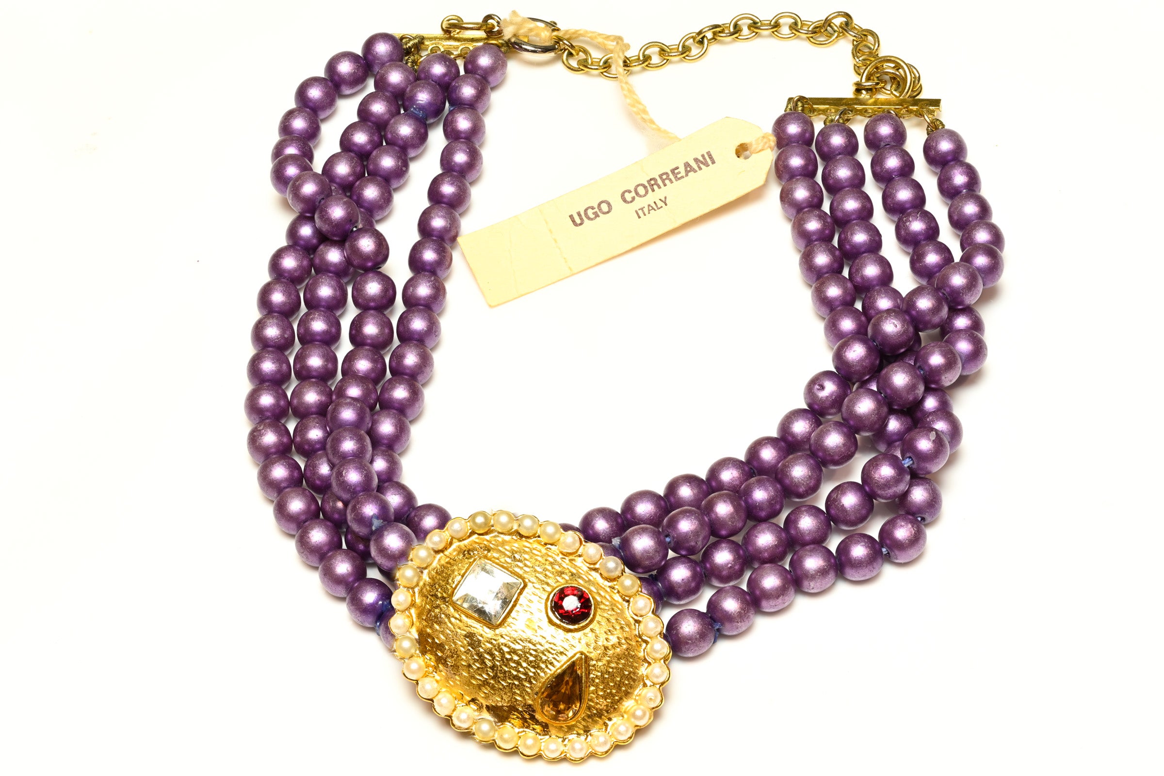 Vintage 1980's Ugo Correani Purple Pearl Crystal Collar Necklace