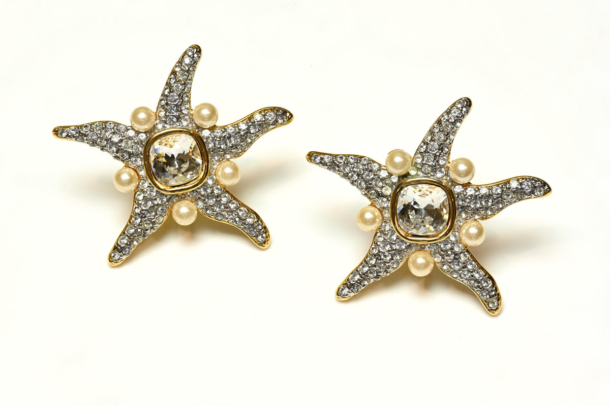 Vintage 1980's Valentino Garavani Starfish Pearl Crystal Earrings Set