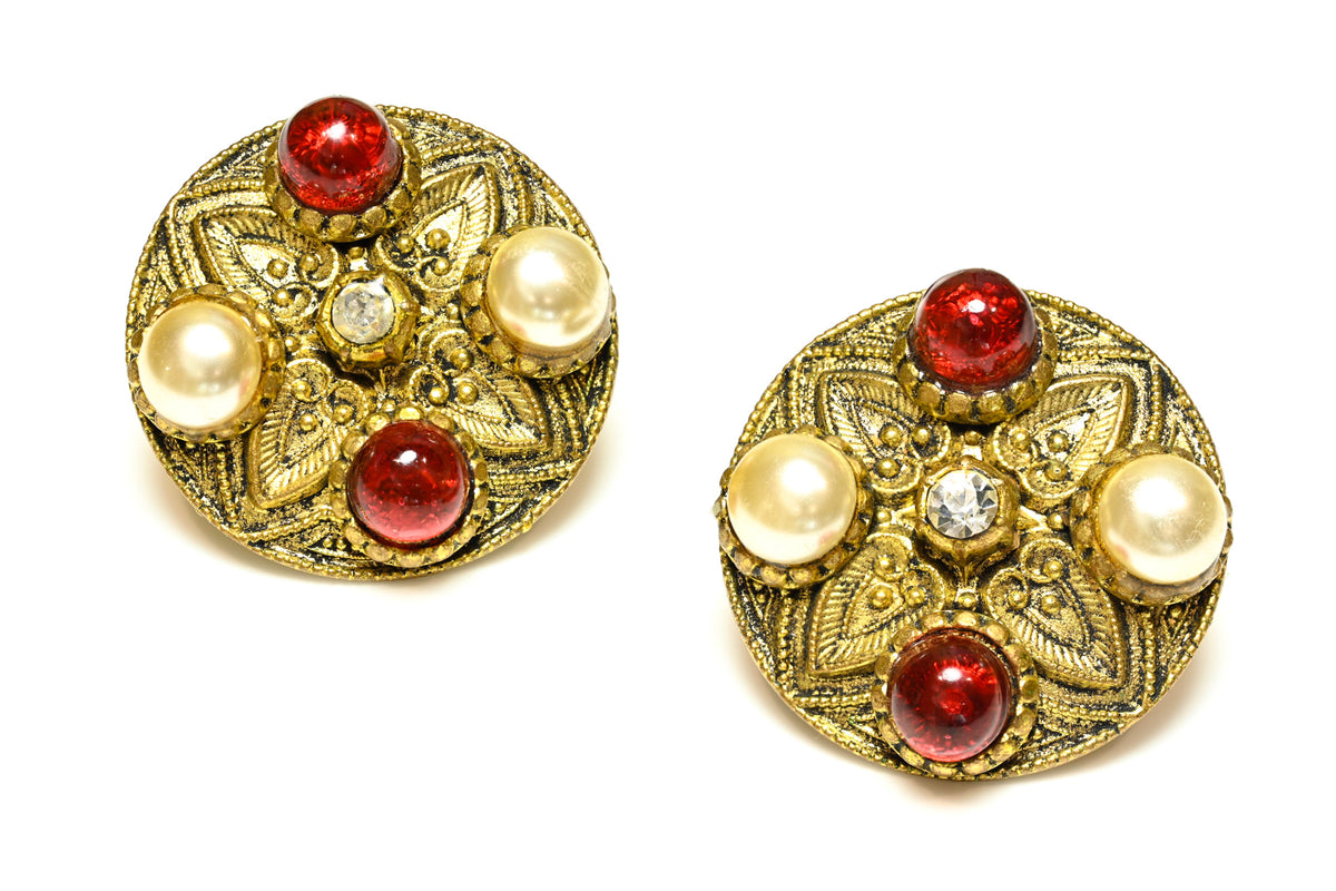 Vintage 1984 Chanel Paris Byzantine Style Gripoix Red Glass Earrings