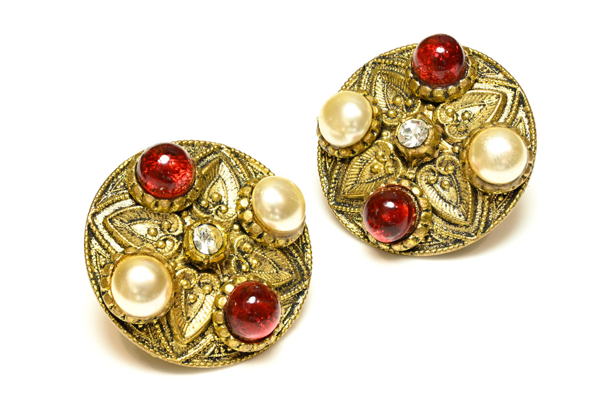 Vintage 1984 Chanel Paris Byzantine Style Gripoix Red Glass Earrings 1