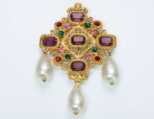 Vintage 1990's Chanel Gripoix Pearl Crystal Byzantine Style Brooch
