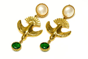 Vintage 1990's Chanel Paris Dove Bird Gripoix Green Glass Earrings
