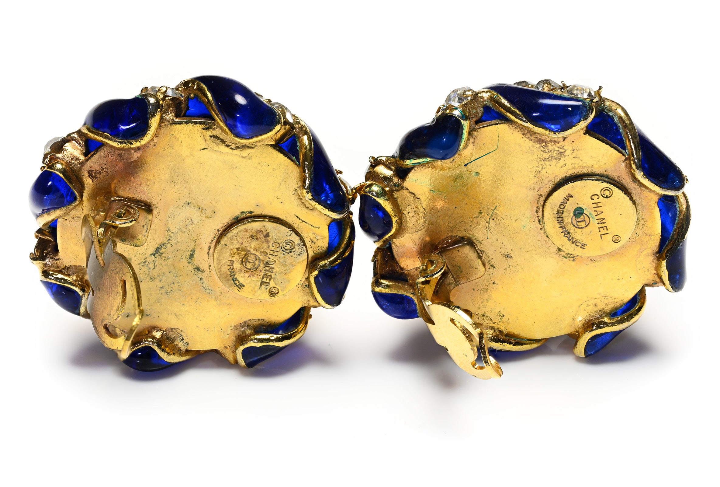 Vintage 1990 Chanel Paris Maison Gripoix Blue Glass Crystal Earrings