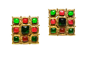 Vintage 1990's Chanel Paris Maison Gripoix Red Green Glass Earrings
