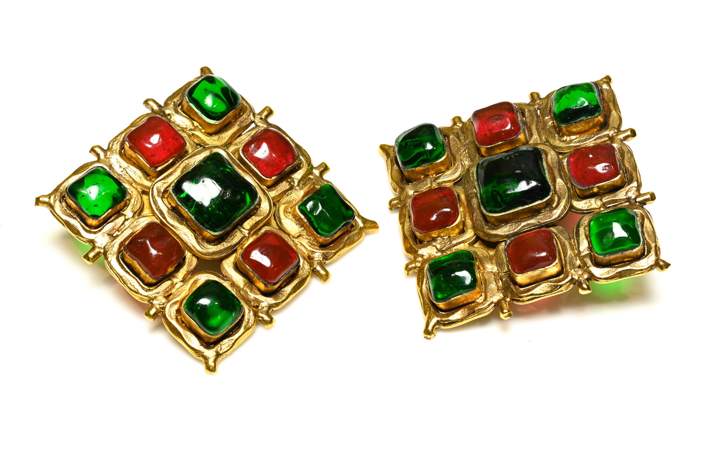 Vintage 1990's Chanel Paris Maison Gripoix Red Green Glass Earrings 1