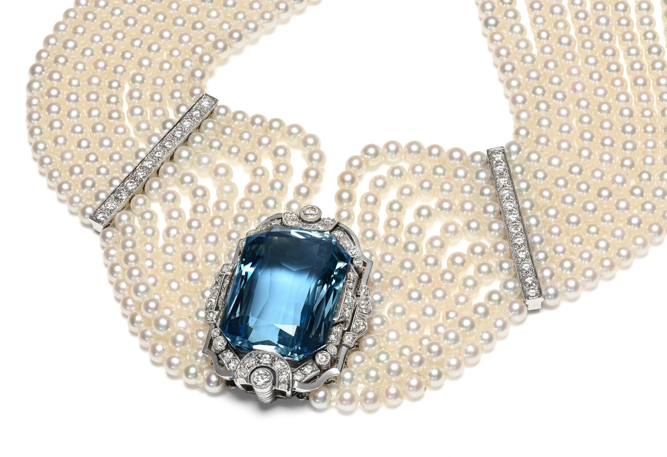 Art Deco Aquamarine, Pearl Diamond Platinum Choker Necklace
