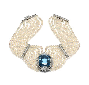 Vintage 47-Carat Aquamarine, Pearl Diamond Platinum Choker Necklace