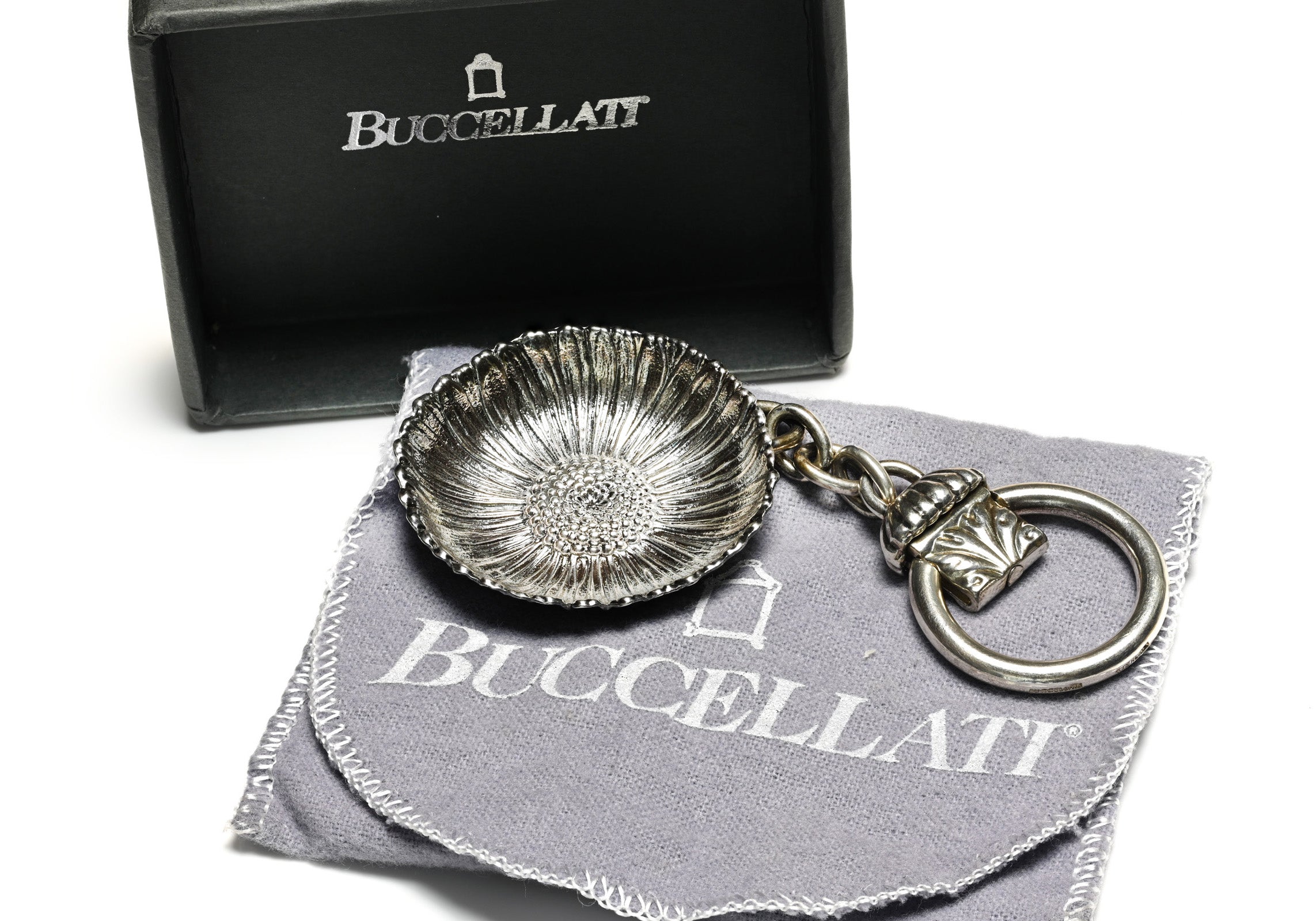 Vintage Buccellati Silver Sunflower Key Ring with Original Box and Pouch