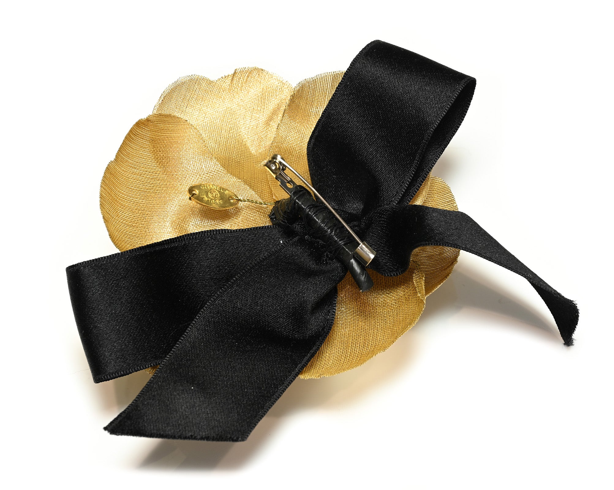 Vintage Chanel Paris Gold Silk Black Bow Camellia Flower Brooch